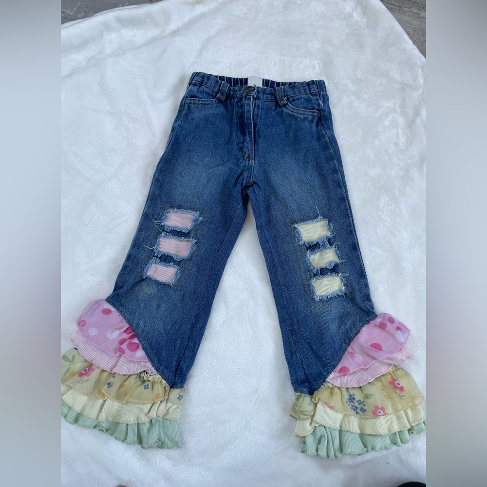 EUC Vintage Girl’s Ruffle Bottom Patchwork Jeans